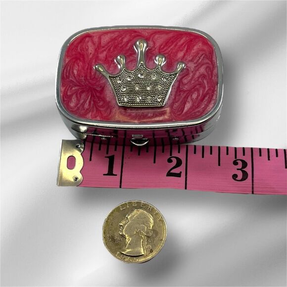 Jeweled Crown Pillbox, Compact With Mirror, Pink, Push Button Opening - Picture 3 of 8